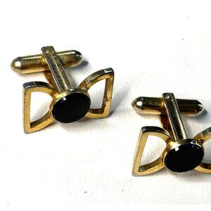 Gold-Tone & Black Round Cufflinks With Bow Detail